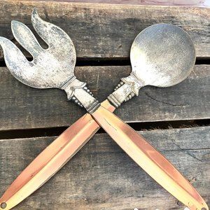Large Gothic Copper & Silver Salad Servers - 1970